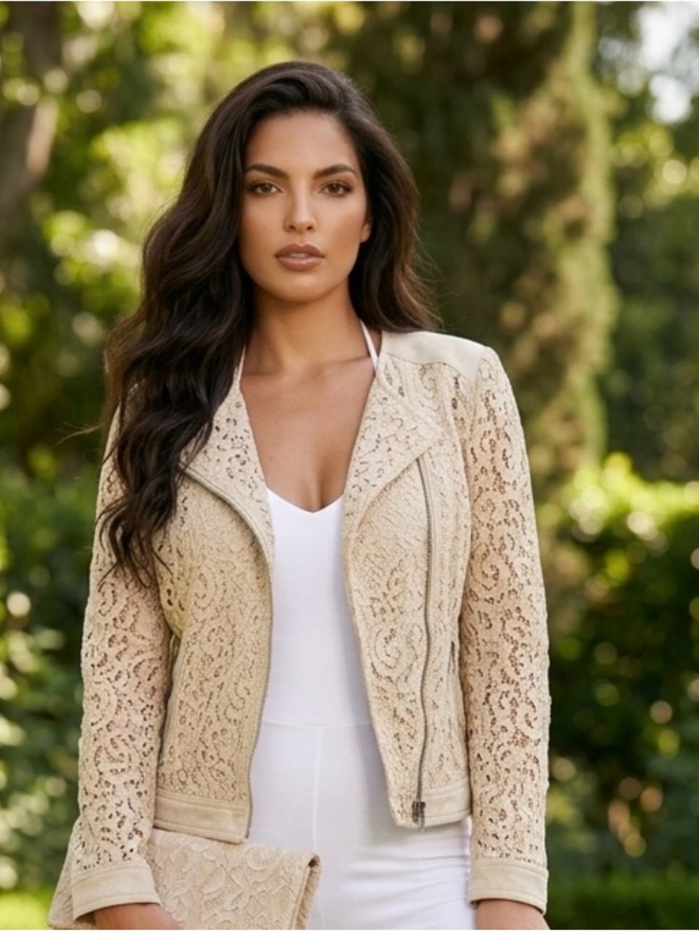 INC International Concepts Lace Moto Blazer in Cream